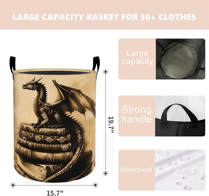 Dragon Book Laundry Basket Hamper 19.7"x15.8", Organizer Bins Gifts for Kids Boys Girls, Fantasy Dragon Foldable Waterproof Oxford Clothes Storage Bucket for Bedroom Bathroom Decor