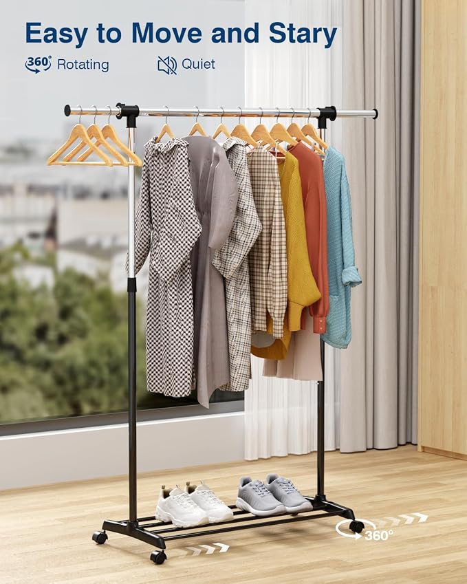 Whitmor Heavy Duty Adjustable Garment Rack-Rolling Clothes Organizer, Black and Chrome