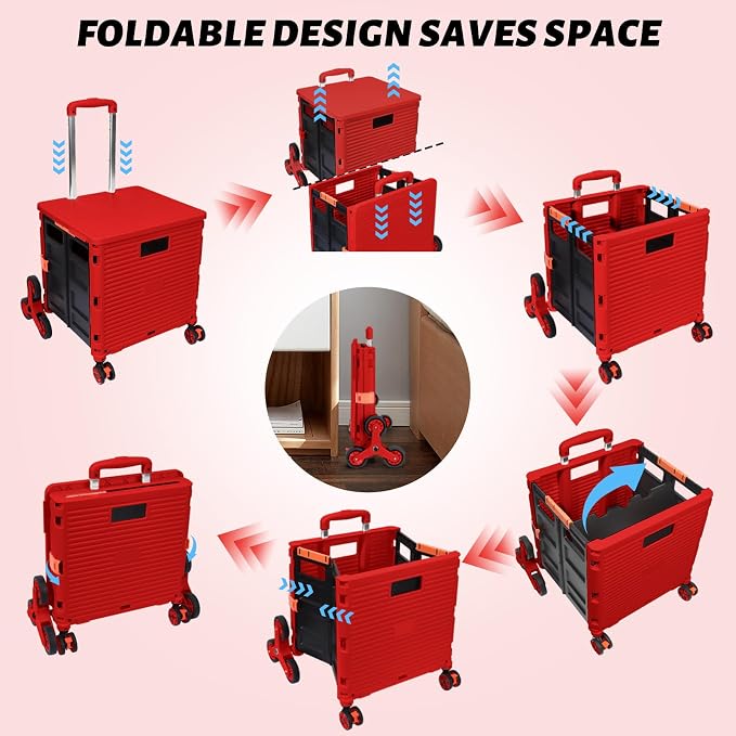 FELICON SELORSS Folding Utility Climber Cart Portable Rolling Crate-Red | Stair Climbing Wheels+360°Swivel Wheels,Telescoping Handle,Plastic Box Dolly for Travel Shop Move Laundry Office Teacher Use