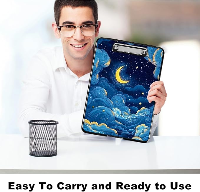 Moon Blue Clouds A4 Clipboard with Storage Pen Holder, Clipboards Organizer Nursing Clipboard Foldable File Folder Plastic Clipboard Folio Clip Board for Office Students Classroom Doctor