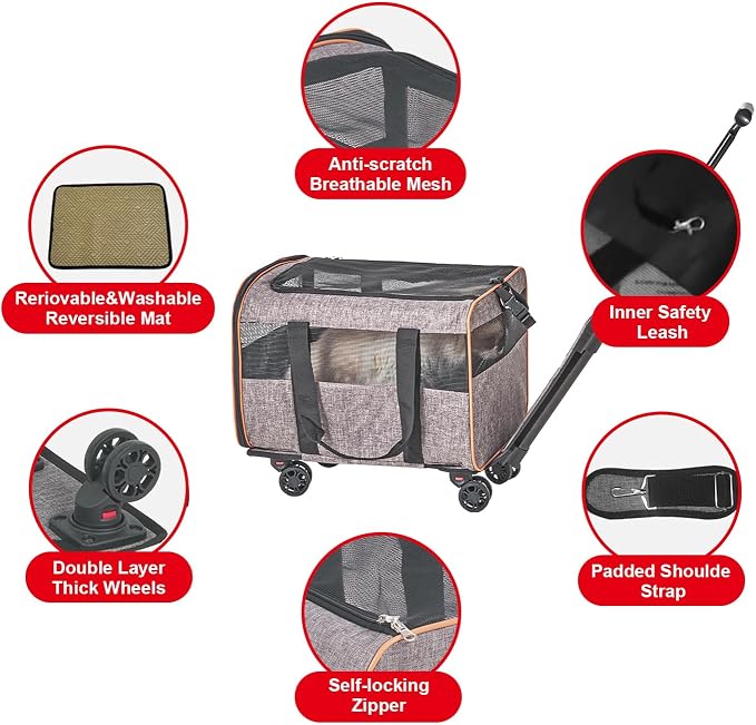 Happybuy Cat Carrier with Wheels, Airline Approved Rolling Pet Carrier with Telescopic Handle and Shoulder Strap, Holds Pets up to 22 lbs, Includes Folding Bowl, Grey