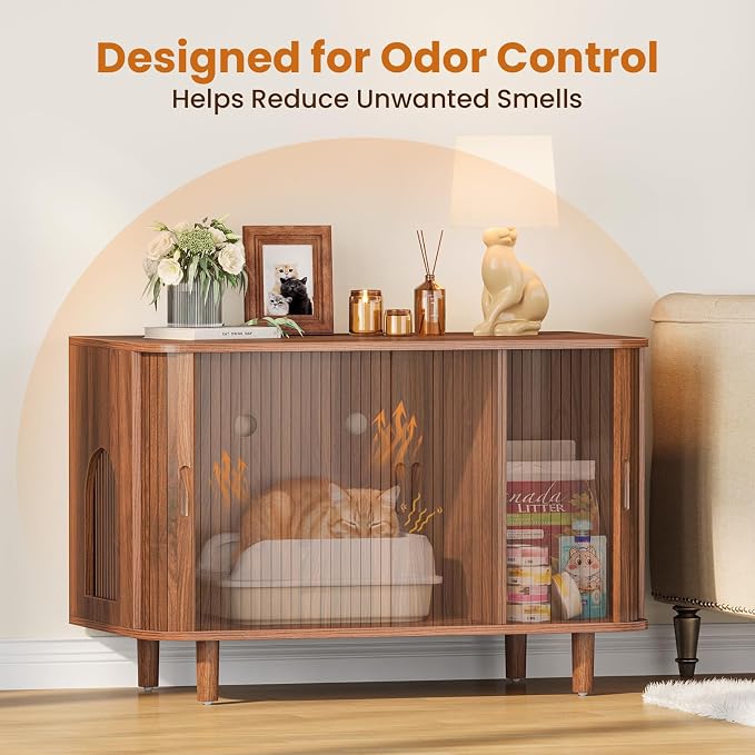 Snughome Cat Litter Box Enclosure, 35.4'' Hidden Litter Box Furniture with Sliding Door, Modern Hidden Litter Box Cabinet, Wooden Indoor Cat House, TV Stand, Side End Table for Living Room, Walnut