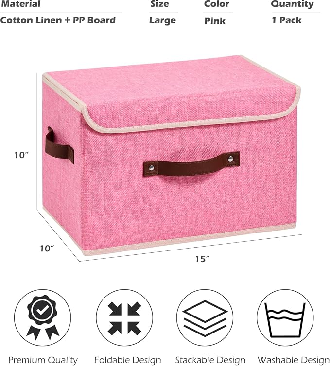 Storage Boxes with Lids Cotton Linen Fabric Bins Baskets | Decorative Collapsible Washable, Clothes Container Organizer for Closet Shelf, w/ Faux Leather Handles, Pink, Large