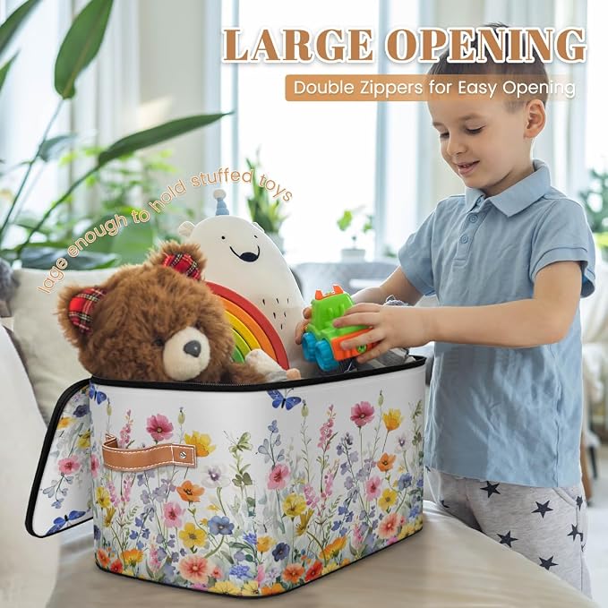 Pardick Storage Bin Wildflorals Flower Storage Baskets with Zipper Lid & Handle Foldable Closet Shelf Cloth Organizer Basket Cube Bins Clothes Organizer for Nursery, Bedroom