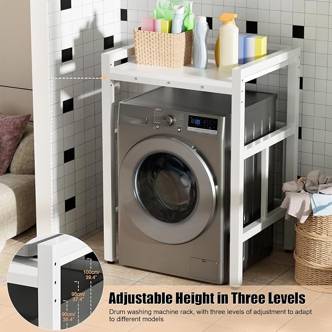 Washer Dryer Stacking Rack, 550lbs Capacity Heavy Duty Washing Machine Storage Utility Rack with Countertop, Height Adjustable Washing Machine Shelf for Laundry Rooms Bathrooms (B)