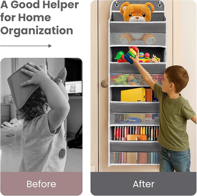 Over The Door Organizer 4 Shelves & 4 Side Pockets, Large Storage Rack | Anti-Tilt Hanging Door Storage for Closet, Heavy-Duty Mesh Shelf for Bathroom Closet Toy Organization Shoes Towels, Grey