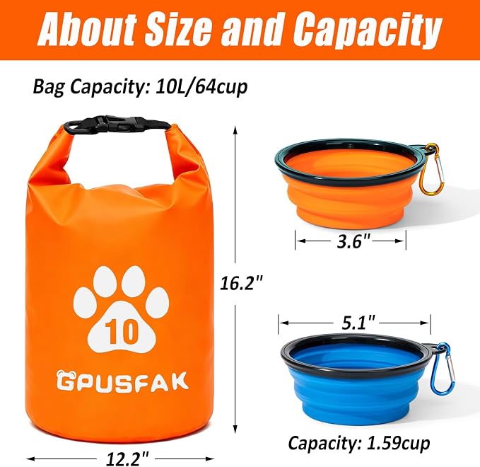 Pet Food Storage Bag with Bowl (64 Cup) - Zip Roll Top Dog Food Travel Bag Waterproof Kibble Container for Camping Road Trips Travel Dog Boarding Weekend Getaways Machine Washable 10L Orange