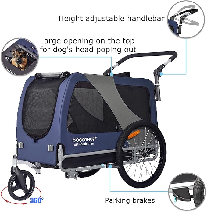 DOGGYHUT® Premium X Large Pet Bike Trailer & Stroller Up to 100 lbs (Blue) | Bicycle Trailer for Small Medium or Large Dogs, Dog Bicycle Carrier, Low Center of Gravity, Folding Frame Cart