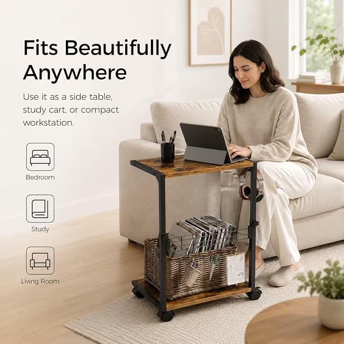PC Stand with Charging Station, Height Adjustable Computer Tower Stand, 19.7"-31.5" H, Computer Cart with Wheels and Hooks, CPU Holder for Floor, Carpet and Under Desk, Rustic Brown
