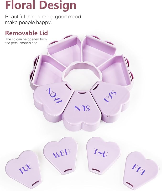 MOLN HYMY Large Weekly Pill Box 7 Day, Cute Pill Case Organizer 1 time a Day, Floral Pill Container Once Daily, Pretty Medicine Dispenser for Vitamin/Fish Oil/Medication/Supplements (Purple)