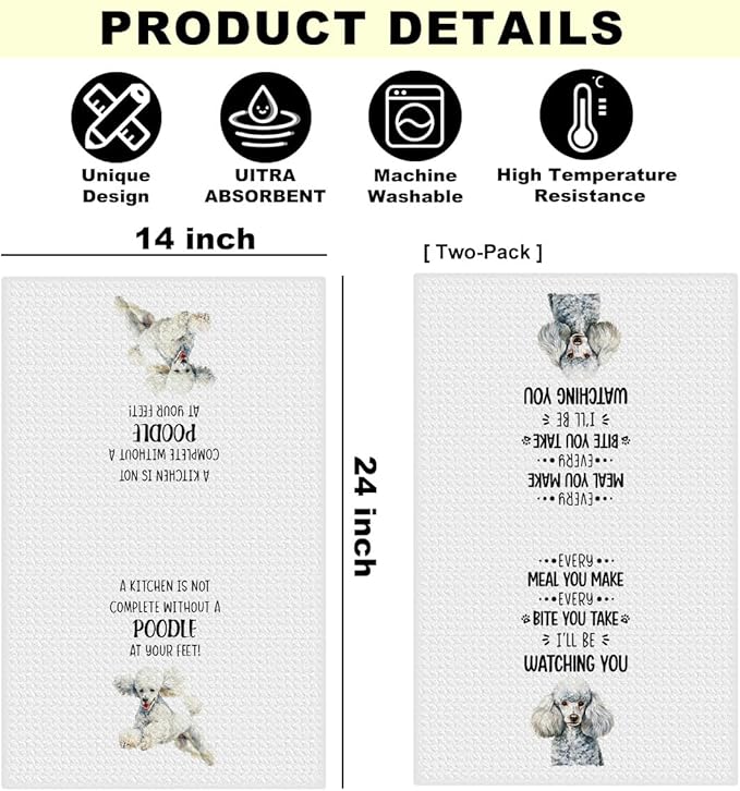 2Pcs Poodle Dog Kitchen Towels, Funny Poodle Gifts for Women Mom, Reusable Dish Towels for Kitchen Bathroom Decor, Waffle Weave Absorbent Hand Cloth Tea Towel, Gifts for Dog Lovers, 14x24 inch