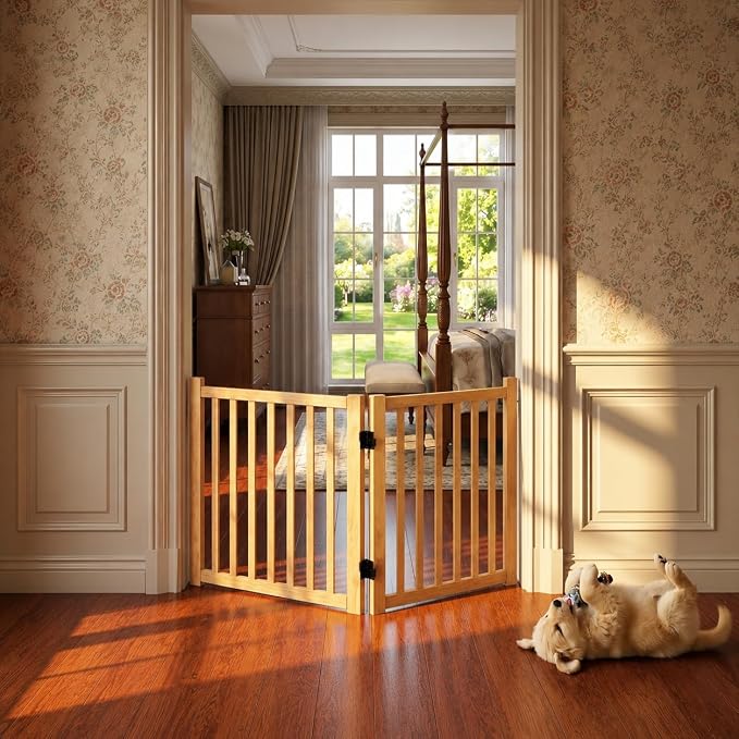 YOCAN Non-Painted Wood Freestanding Pet Gate for Dogs-2 Panel H:23” | Wooden Dog Gates for Doorways, Stairs,The House, Dog Fences Indoor Puppy Gate