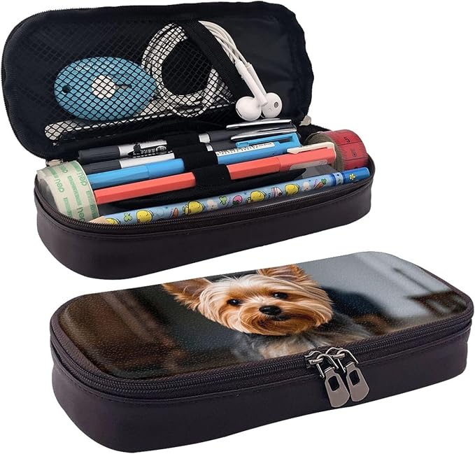 Leather Pen Case with Zipper - Aesthetic Pen Holder Cute Pet Yorkie Pencil Case for Women & Men - Handcrafted Pencil Bag Multi-Functional Travel Cosmetic Case for Work Office Tool Pouch