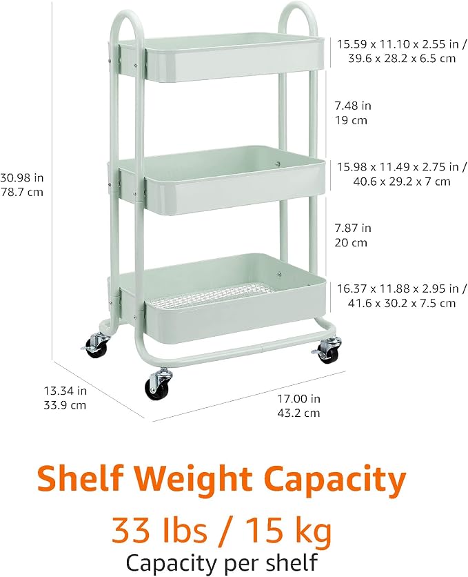 Amazon Basics 3-Tier Metal Rolling Utility Cart, Storage Organizer, Multi-Functional Kitchen Island Cart, Portable Shelving Unit with Caster Wheels, Mint Green
