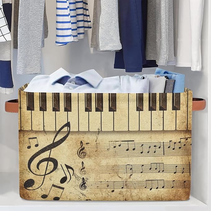 AUUXVA Storage Basket Vintage Music Note Piano Key Storage Cube Box Durable Canvas Collapsible Toy Basket Organizer Bin with Handles for Shelf Closet Bedroom Home Office