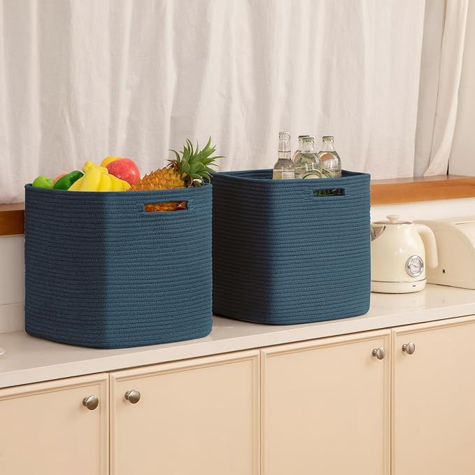 OIAHOMY 2 PACK Cube Storage Bin 13 Inch Collapsible Storage Cube Blue | Cube Storage Organizer Storage Bins for Shelves Baskets for Organizing Woven Rope Storage Baskets