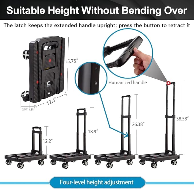 GtIiFmTe Foldable Hand Truck, Lightweight Luggage Cart for Airport Car Seat | Compact Folding dolly with Rotating swivel wheel,storage size12×15.7×4.1",300lbs Load,Upright Lock Handle with 3bungee cords