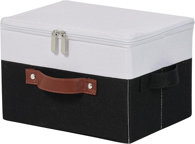 Storage Bins with Zipper Lids Decorative Lidded Baskets Boxes | Clothes Container, Closet Shelf Organizer, Foldable Washable, Cotton Linen Fabric, w/ PU Leather Handles, Black White, Small