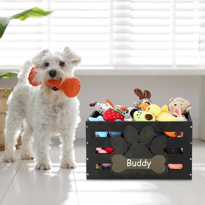Cinnvoice Large Dog Toy Basket Wood Dog Toy Bin Storage Baskets Box with Handles and Label Position Design Large Organizer with Paw Pattern Print for Pets Toys Food Blankets Clothes 18"x12"x10"