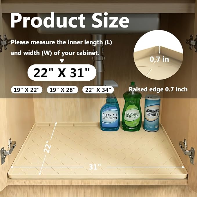 Mateeylife Under Sink Mat Kitchen Waterproof, Silicone Sink Tray 22"X31" | Under Sink Organizer Cabinet Shelf Protective Liner, Multi-use Silicone Mat for Boot Tray & Litter Mat, Khaki