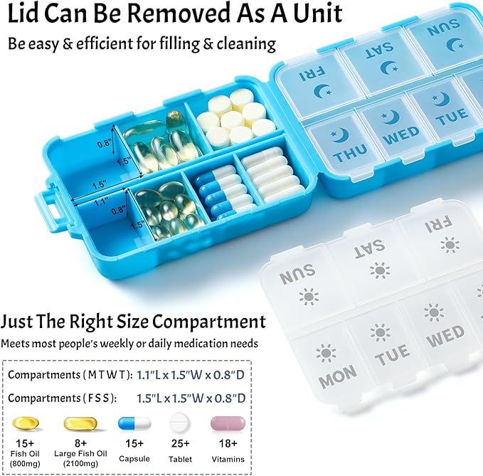 NEW Foldable & Double Protection Portable Weekly Pill Organizer 2 Times A Day with Etched Labels, AM PM 7 Day Week Medicine Box, Daily Travel Pill Case Holder Dispenser for Vitamin, Supplement - Blue