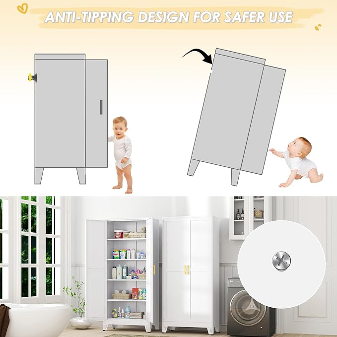 GAIOUS 71" Tall Metal Storage Cabinet with 2 Doors and 4 Adjustable Shelves | Kitchen Pantry Cabinet White Freestanding Cupboard, 5 Tier Multifunctional Steel Storage for Office, Kitchen, Dining Room