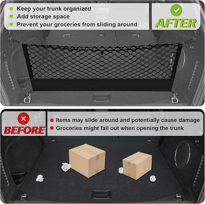Muslogy Cargo Net for 2015-2021 Jeep Grand Cherokee Accessories (WK2 ONLY) | Custom Fit, Trunk Storage Organizer Net for SUV Sedan Van Divider, with Heavy Duty Carabiners, Night Visible Grab Handle