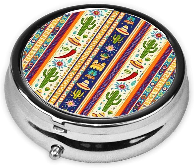 Colorful Mexican Stripe Portable Pill Organizer | 3 Compartment, With Mirror, For Men Women, For Daily Supplements, Vitamins, Fish Oil, Jewelry, Candy, Travel