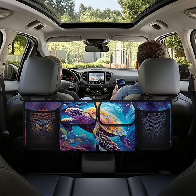 Dreaweet Car Trunk Organizer Back Seat Hanging Storage with 4 Large Pockets,Turtle Car Accessories for Women Men Collapsible Car Seat Back Storage Mesh Net Bag Trunk Organizer for SUV Sedan Trucks Van