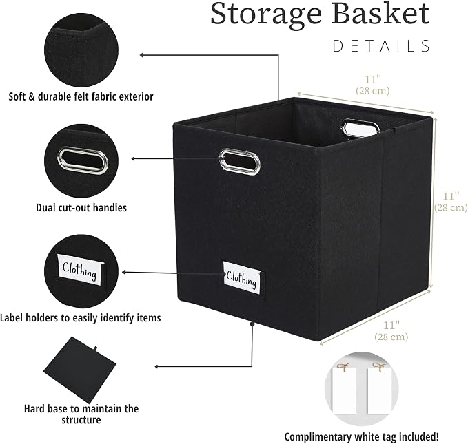 DECOMOMO Felt Storage Bins, 11 inch Cube Storage Bin with Labels | 6 Pack Storage Baskets for Shelves, Kallax (Black)