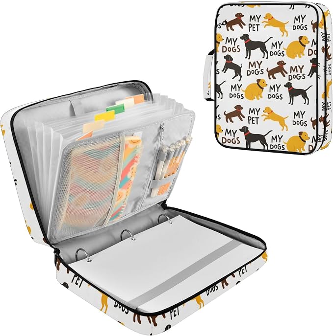 SUABO Pet Dogs Yellow Black Expanding File Folder Binder Bag | Accordion File Organizer with Zipper & Labels, 3 Ring Binder, Multi Pockets for Office School Home Portable Lightweight