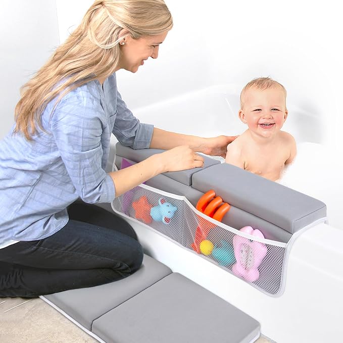 beiens Bath Kneeler and Elbow Rest Pad Set, 1.5 Inch Thick Memory Foam Mat | Quick-dry, Non-slip, 6 Suction Cups, 4 Toy Organizer Pockets, Machine Wash, Foldable Bathtub Kneeling Pad for Bathing Baby