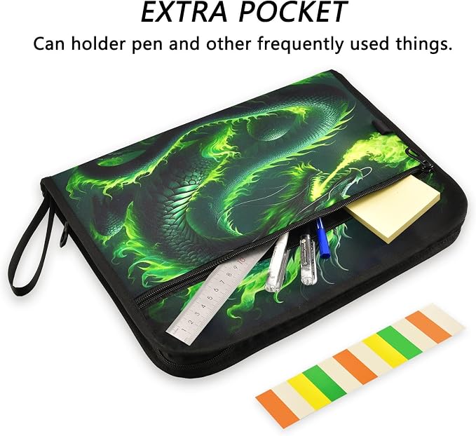 Green Fire Dragon File Organizer 13 Pocket Expanding File Folder with Front Pouch Portable Business Fire Storage Document Organizer Folder with Zipper