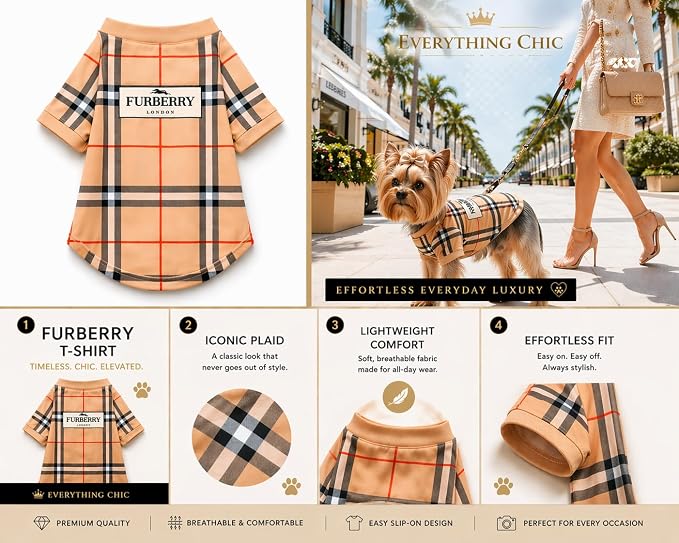 Luxury Designer Dog T Shirt – Trendy Puppy Clothes for Small Dogs, Fashion Pet Tee for French Bulldogs & Chihuahuas, Everything Chic Dog Apparel (FurberryTee, Large)