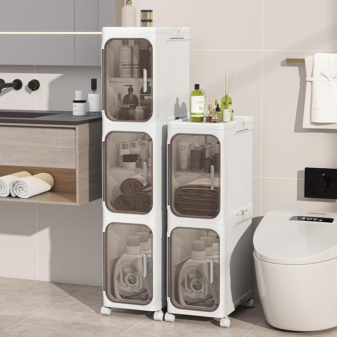5 Tier Slim Bathroom Storage Cabinet, Foldable and Movable, White | Tools Free, ABS and PET, Magnetic Clear Door, Adjustable Shelves, Lockable Wheels, Water Resistant, For Narrow Space