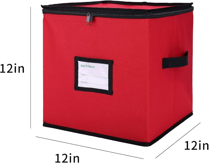 Sattiyrch Christmas Ornament Storage Box,600D Oxford Fabric Stores up-to 64 Standard Holiday Ornaments Holder,12 x 12 Inch 4 Layer Xmas Storage Containers,Red