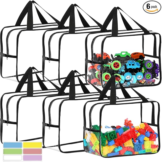 6 Pcs Widen XL Toy Storage Bags Waterproof Clear Toy Organizer with Labels | Reusable PVC Transparent Organizer Bags with Zipper 12.6×9.25×6.9In for Building Blocks, Puzzle, Board Games Travel Storage