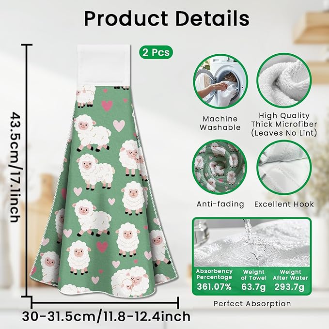 CUTHOLLOW Sheep and Loving Heart Hanging Kitchen Towels with Loop, Set of 2 - Soft & Super Absorbent Microfiber Decorative Hanging Dish & Hand Towel, Tea Coffee Towel for Kitchen Bathroom Oven Handle