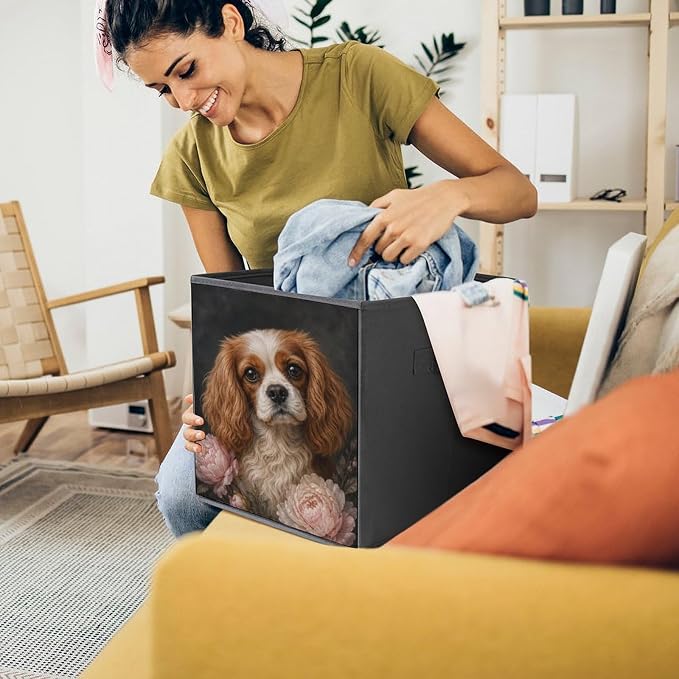 Cocker Spaniel With Peonies Storage Bin with Handles, Oxford Fabric Foldable Storage Cube Organizer for Clothes, Towels, Bedroom, Living Room, Home Organization
