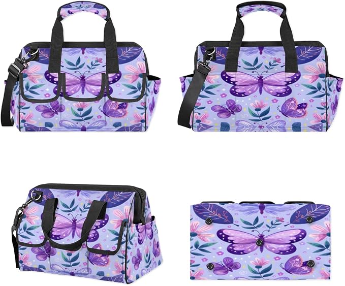 Purple Butterfly Heavy Duty Tool Bag 14.8 Inch Butterflies Rustic Floral Portable Soft Tool Box Organizer Storage with Adjustable Shoulder Strap