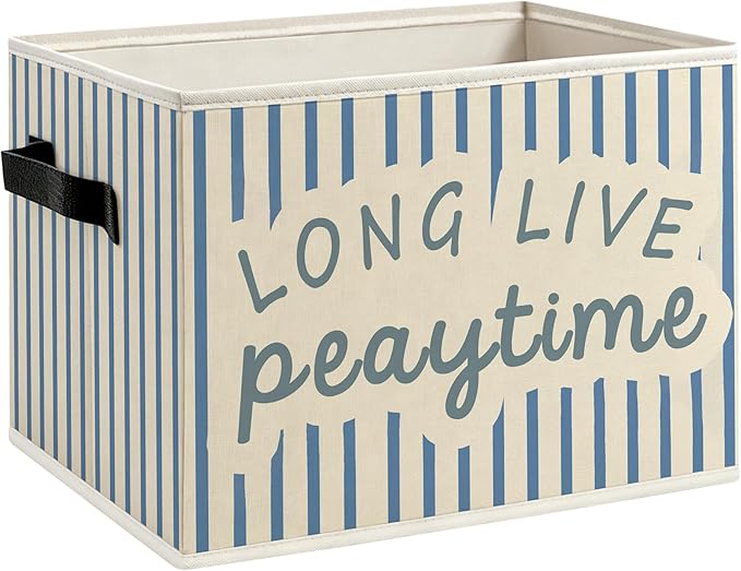 Kids Playroom Foldable Storage Bins Box with Handles, Long Live Playtime Blue Striped Decorative Storage Boxes Baskets Toybox Organizer for Kids Boys Girls Nursery Room Bedroom Playroom