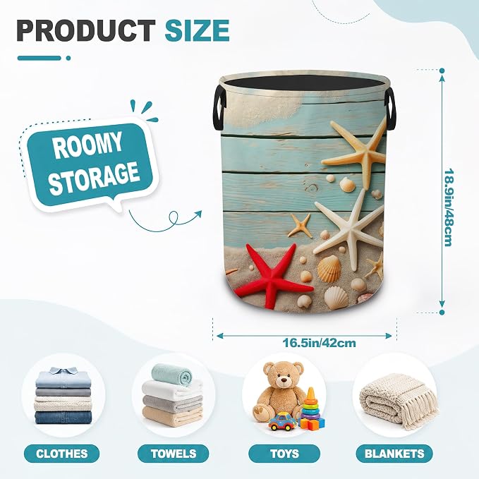 Starfish Seashell Collapsible Laundry Hamper,Blue Coastal Beach Waterproof Oxford Cloth Clothes Basket with Handles for Bathroom Bedroom Nursery Dorm Room,16" x 20"