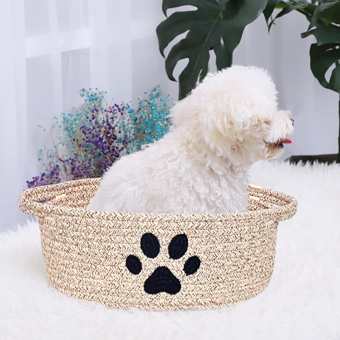 ABenkle Small Woven Basket with Handle, Cute Dog Paw Baskets for Gifts Empty, Decorative Rope Woven Storage Dog Toy Basket, Nursery Baskets for Baby Shower, 12" x 8" x 5"