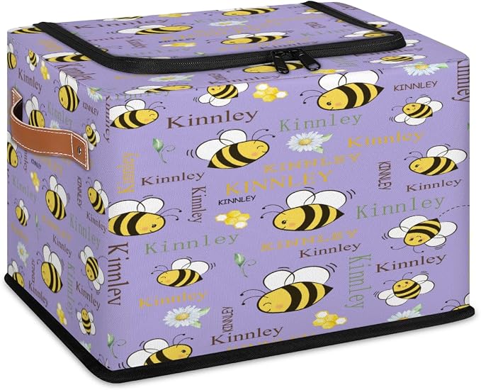 Custom Rectangular Storage Basket with Zipper Lid, Kids Baby Toys Bin, Books Shelf Basket, Clothes Towel Bin for Nursery, Gift Basket, Lavender Purple Cartoon Bee with Daisy Floral