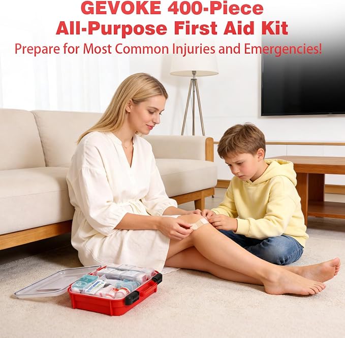 400 Piece First Aid Kit, Organized Dual-Layer Wall-Mountable Hard Case | Sturdy Case, Complete Medical Kit for Home, Car, Camping, Travel, Hiking, Truck, Office, Sports & Outdoor Emergencies