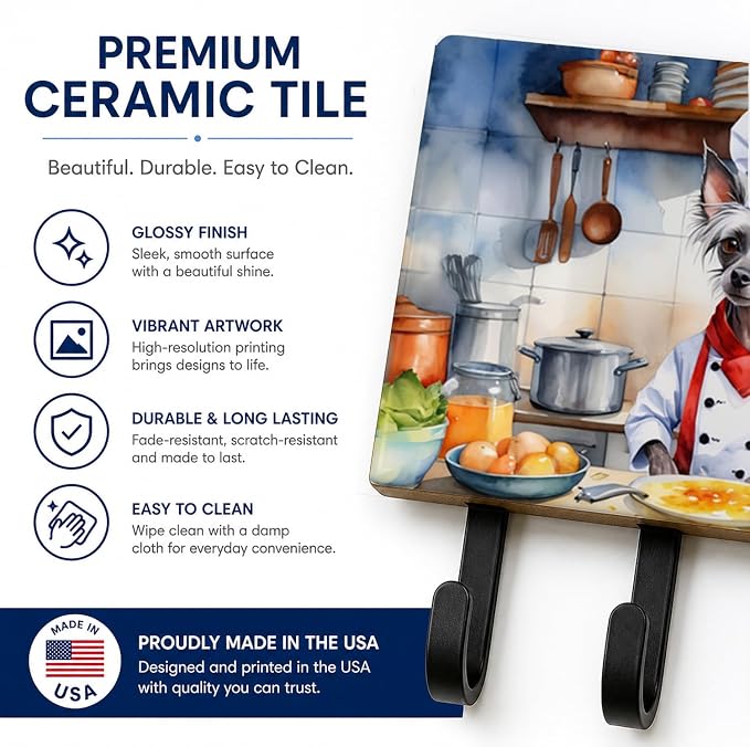 Caroline's Treasures Chinese Crested The Chef Leash or Key Holder Wall Hooks, Key Hooks Holder, Coat Rack Wall Mount, Coat Hooks, Hooks for Hanging Keys, Towels, Aprons, Leashes | Chinese Crested The Chef artwork on ceramic tile with three steel hooks ...