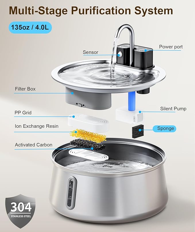 CEESC Cordless Cat Water Fountain Stainless Steel, 4L/135oz Automatic Pet Water Dispenser with Motion Sensor, Multi-Filtration, Ultra Quiet Pump, Long-Lasting 4000mAh Battery for Indoor Cats & Dogs