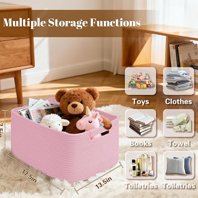3 Pack Large Storage Basket for Organizing, 17.5"x13"x7" Woven Basket for Shelves, Closet Cube Storage Bins with Wrapped Handle, Cotton Rope Baskets for Kitchen, Clothes, Toys(Light Pink)