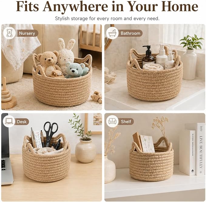 Small Woven Baskets | Mini Storage Bins | Cotton Rope Baby Nursery Organizers | Cute Round Cat Ears Basket for Organizing Desk Decor Kids Toy Dog Cat Baby Girls Gifts-Set of 3(Beige)