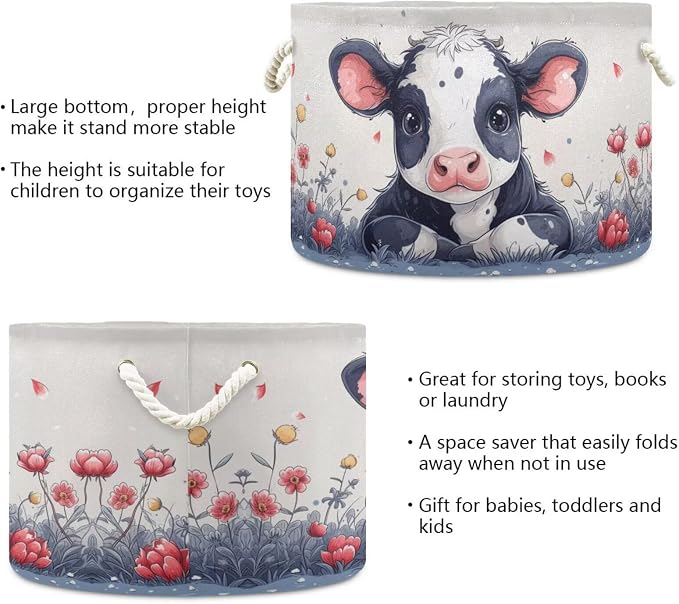Cute Cow Print Collapsible Round Storage Basket with Handles | Farm Animal Flower Large Laundry Baskets Hamper, Organizer Bin for Nursery Bedroom Living Room Decor, 20x 20x 14 Inches